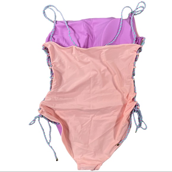 No Boundaries size Xl peach, teal, & lilac colored one piece bathing suit NWOT - Picture 5 of 9